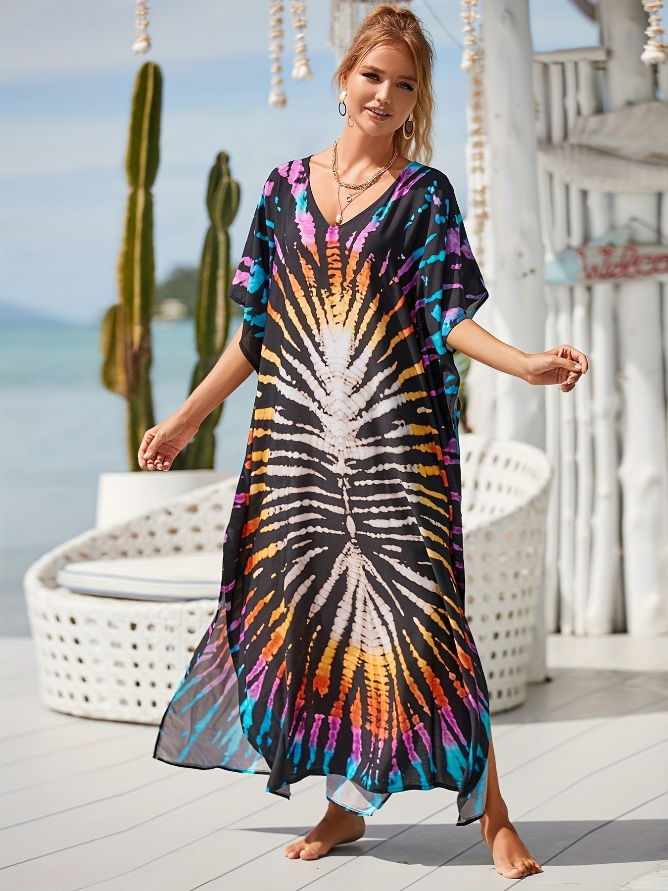 Plus Size Vacay Dress, Women's Plus Leaf Print Bat Sleeve V Neck Split Hem Cover Up Maxi Dress