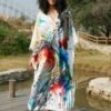 Plus Size Colorful Butterfly Print Slit Dress, Casual Batwing Sleeve Dress For Spring & Summer, Women's Plus Size Clothing