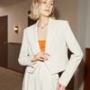 Solid Color Two-piece Suit Set, Open Front Lapel Crop Blazer & Loose Pants Outfits, Women's Clothing