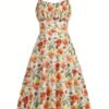 Floral Print Wide Strap Dress, Vacation Style Sleeveless Ruched Bust A-line Dress For Spring & Summer, Women's Clothing