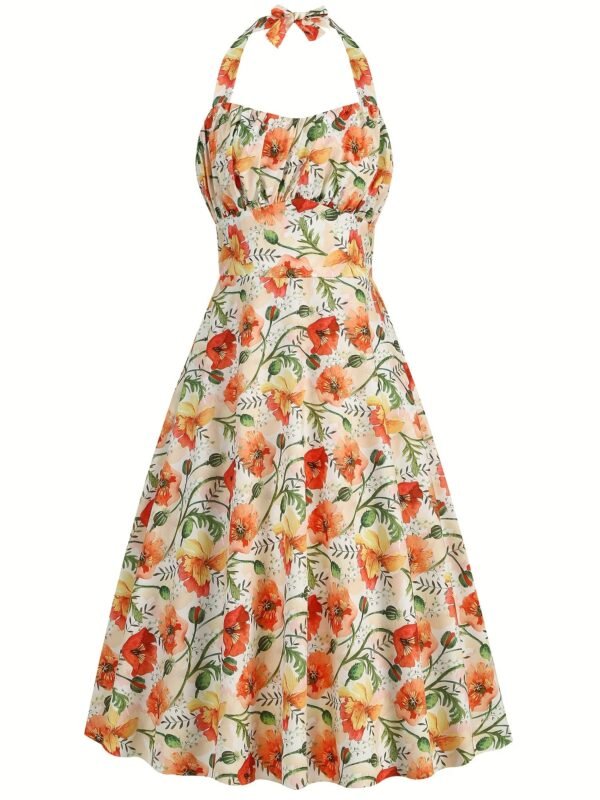 Floral Print Wide Strap Dress, Vacation Style Sleeveless Ruched Bust A-line Dress For Spring & Summer, Women's Clothing