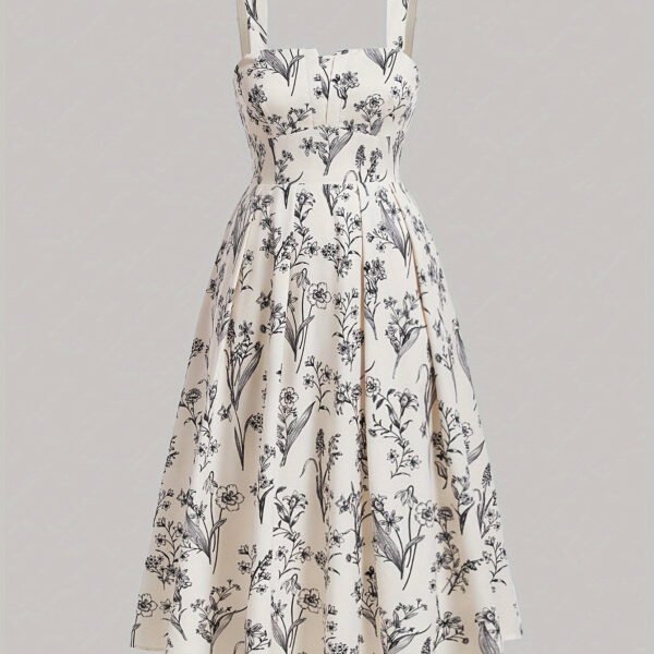 Plus Size Floral Print Cinched Waist Tank Dress, Boho Shirred Back Sleeveless Square Neck Swing Dress For Spring & Summer, Women's Plus Size Clothing