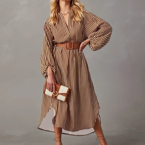 Striped Print Lantern Sleeve Dress, Stylish Notch Neck Dress For Spring & Fall, Women's Clothing