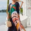 9c41d365d69d53323edeb1e6e2204510.jpg Plus Size Vacay Dress, Women's Plus Leaf Print Bat Sleeve V Neck Split Hem Cover Up Maxi Dress