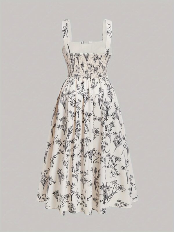 Plus Size Floral Print Cinched Waist Tank Dress, Boho Shirred Back Sleeveless Square Neck Swing Dress For Spring & Summer, Women's Plus Size Clothing