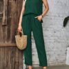 Solid Color Elegant Pantsuits, Crew Neck Flutter Sleeve Blouse & Tie Front High Waist Pocket Pants Outfits, Women's Clothing