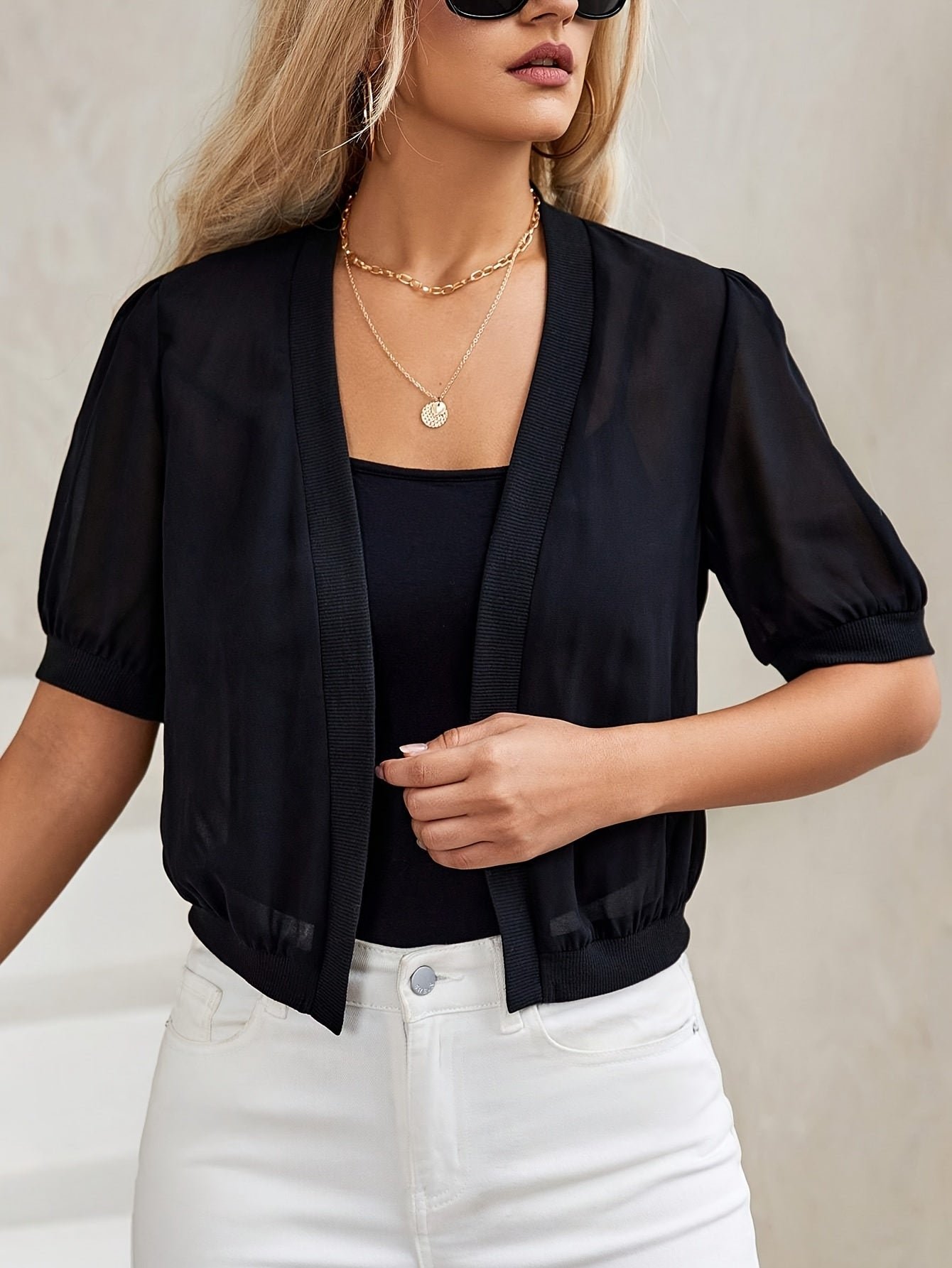 a37d7c5f-cf7d-4273-a1ac-8fe76eb57496-1.jpg Solid Color Open Front Jacket, Elegant Short Sleeve Jacket For Spring & Fall, Women's Clothing