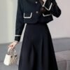 Elegant Button Front Contrast Trim Skirt Set, Long Sleeve Jacket & Pleated Midi Skirt Outfits, Women's Clothing