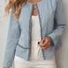 Contrast Trim Open Front Jacket, Casual Long Sleeve Crew Neck Cotton Jacket, Women's Clothing