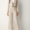 Business Casual Two-piece Set, Double-breasted Lapel Long Sleeve Blazer & Belted Wide Leg Pants Outfits, Women's Clothing