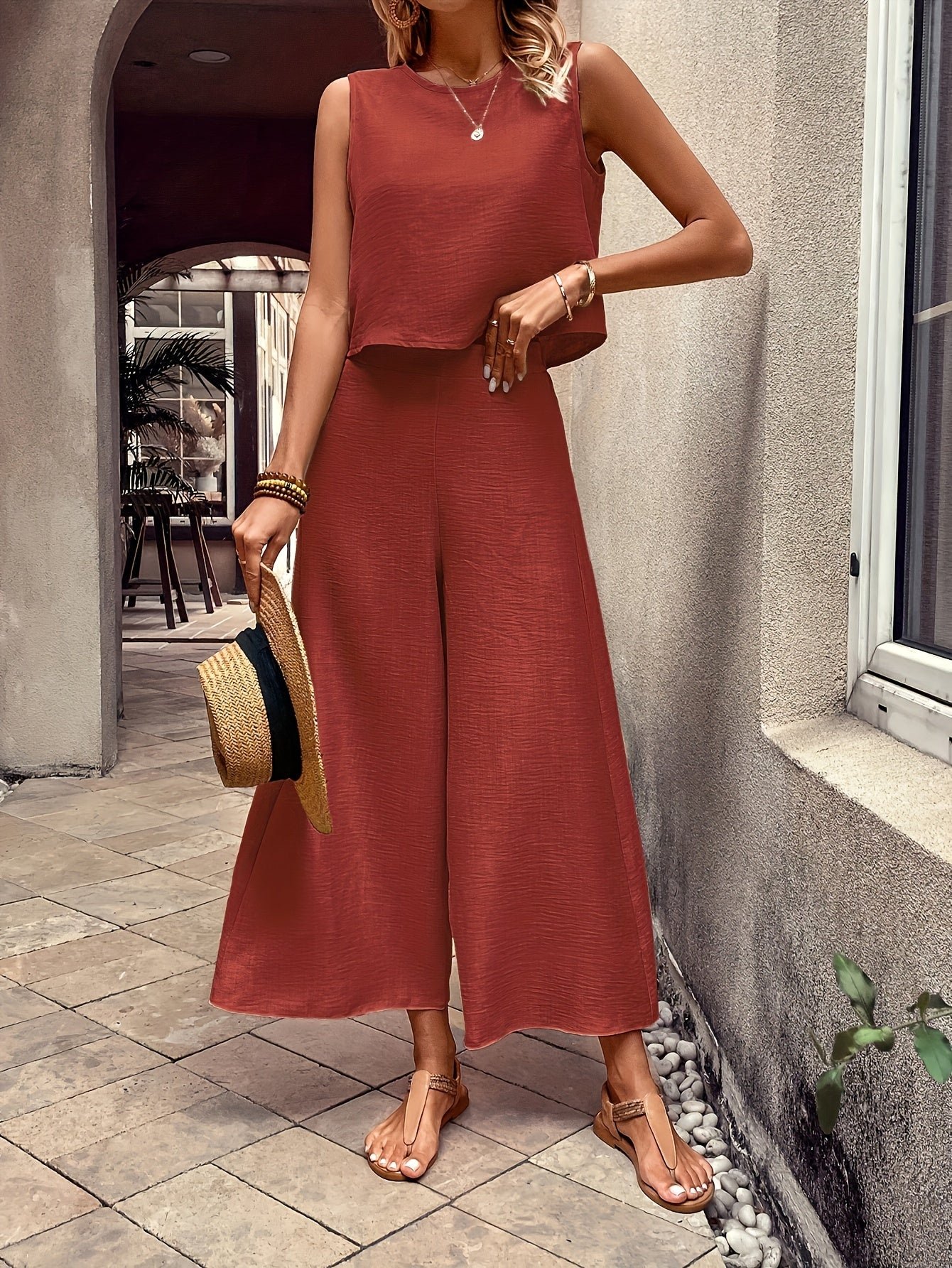 b2c48d72-4f9a-412d-93ac-a71da7e49b62-2.jpg Elegant Solid Color Pantsuits Set, Crew Neck Tank Top & Wide Leg Pants Outfits, Women's Clothing