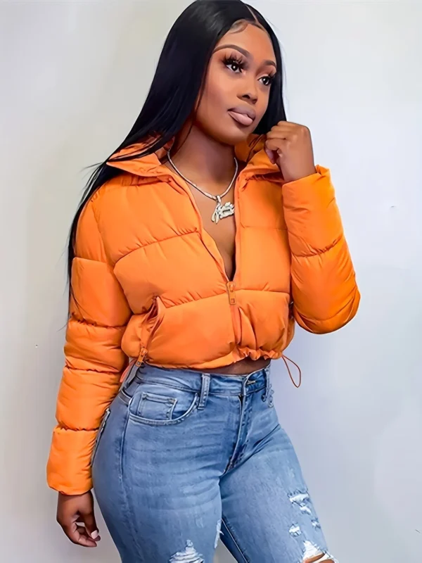 Zipper Warm Puffer Jackets For Winter Hiking Ski, Solid Color Crop Puffer Coat, Women's Clothing for Koningsdag/King's Day