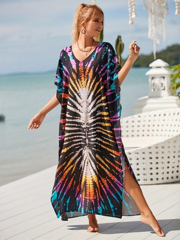 bd38c9495a9fee99379f963cc8356625.jpg Plus Size Vacay Dress, Women's Plus Leaf Print Bat Sleeve V Neck Split Hem Cover Up Maxi Dress