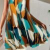 Geo Print Keyhole Back Pleated Dress, Elegant Sleeveless Colorblock Dress, Women's Clothing
