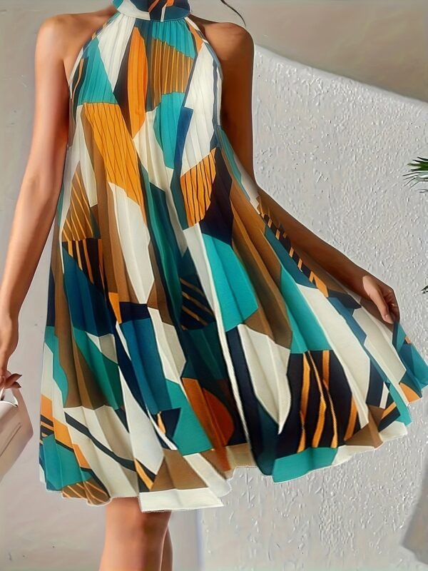 Geo Print Keyhole Back Pleated Dress, Elegant Sleeveless Colorblock Dress, Women's Clothing