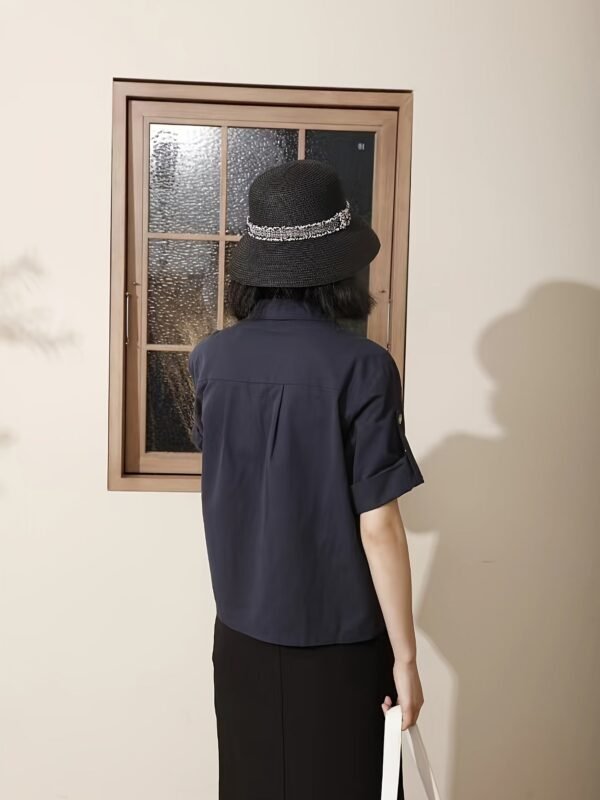 Solid Flap Jacket Button Up Jacket, Casual Short Sleeve Lapel Collar Loose Jaket, Women's Clothing