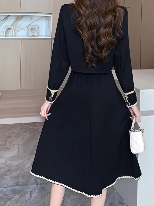 Elegant Button Front Contrast Trim Skirt Set, Long Sleeve Jacket & Pleated Midi Skirt Outfits, Women's Clothing