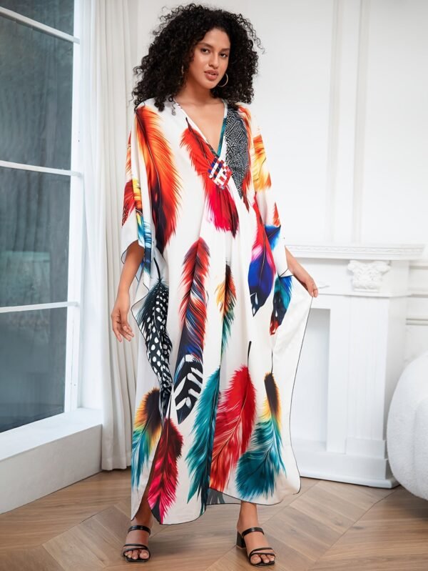 Plus Size Colorful Butterfly Print Slit Dress, Casual Batwing Sleeve Dress For Spring & Summer, Women's Plus Size Clothing