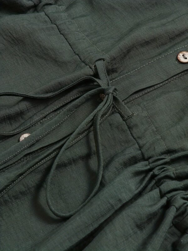 Button Front Tie Waist Dress, Elegant Solid Color Pocket Collared Dress For Spring & Fall, Women's Clothing