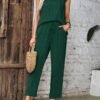 Solid Color Elegant Pantsuits, Crew Neck Flutter Sleeve Blouse & Tie Front High Waist Pocket Pants Outfits, Women's Clothing