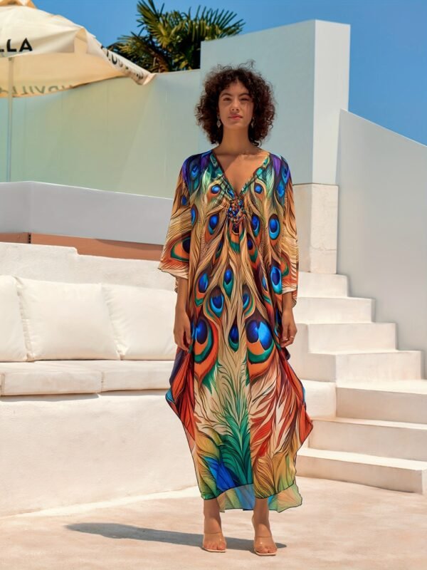 Plus Size Colorful Butterfly Print Slit Dress, Casual Batwing Sleeve Dress For Spring & Summer, Women's Plus Size Clothing