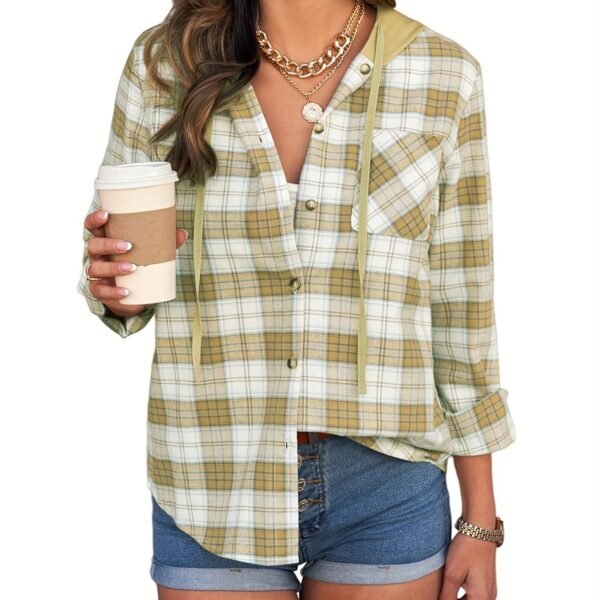 Plaid Print Single Breasted Jacket, Casual Drawstring Outwear For Spring & Fall, Women's Clothing