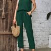 Solid Color Elegant Pantsuits, Crew Neck Flutter Sleeve Blouse & Tie Front High Waist Pocket Pants Outfits, Women's Clothing