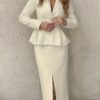 Solid Color Elegant Skirt Suit, Single Button Lapel Collar Long Sleeve Outwear & Split Hem Skirt Outfits, Women's Clothing