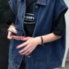 Women's Sleeveless Denim Jacket, Solid Color Turn-Down Collar, Loose Fit, Single-Breasted Casual Versatile Street Style Jean Outerwear for Spring/Summer
