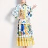 Graphic Print Button Front Dress, Casual Long Sleeve Tie Waist Dress For Spring & Fall, Women's Clothing