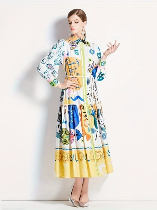 Graphic Print Button Front Dress, Casual Long Sleeve Tie Waist Dress For Spring & Fall, Women's Clothing