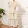 Raw Trim Waist Layer Ruffle Dress, Elegant Puff Long Sleeve Crew Neck Dress, Women's Clothing Wedding graduation engagement occasion ceremony party holiday vacation birthday