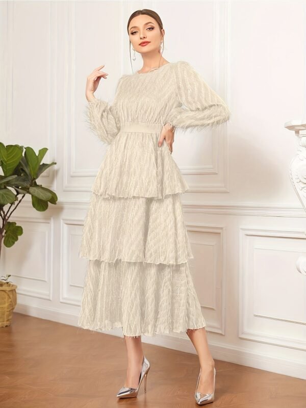 Raw Trim Waist Layer Ruffle Dress, Elegant Puff Long Sleeve Crew Neck Dress, Women's Clothing Wedding graduation engagement occasion ceremony party holiday vacation birthday