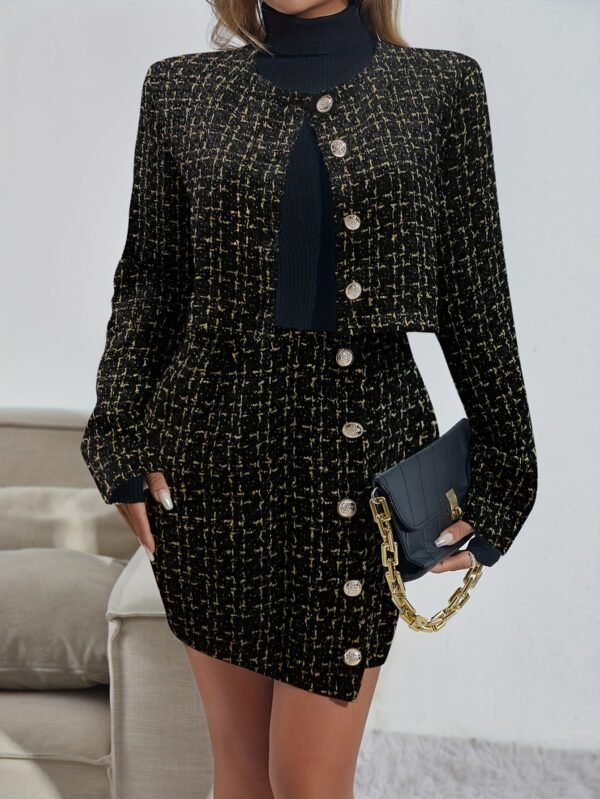 Button Front Elegant Two-piece Set, Crew Neck Long Sleeve Tops & Bag Hip Skirts Outfits, Women's Clothing