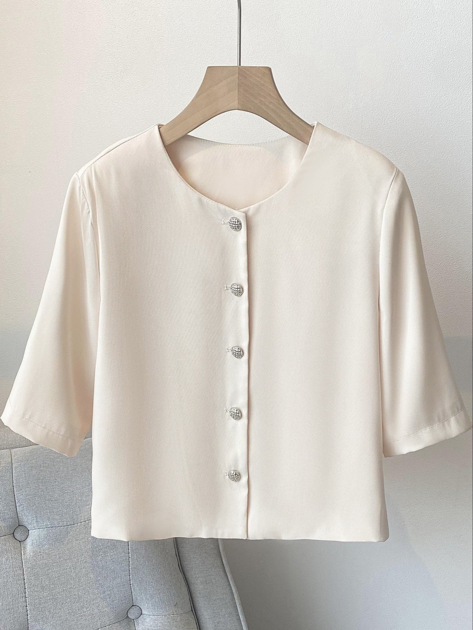Solid Color Button Front Jacket, Elegant Half Sleeve Jacket For Summer & Spring, Women's Clothing
