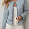 Contrast Trim Open Front Jacket, Casual Long Sleeve Crew Neck Cotton Jacket, Women's Clothing