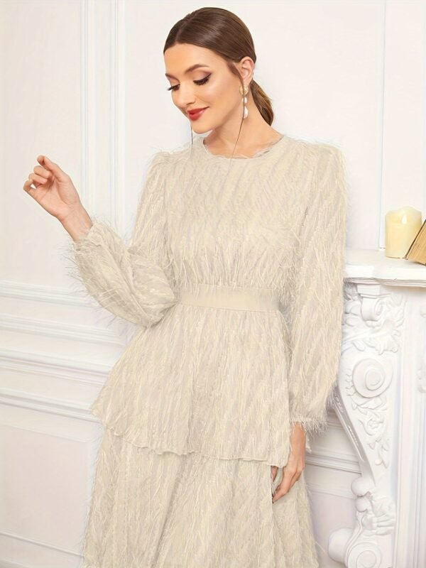 Raw Trim Waist Layer Ruffle Dress, Elegant Puff Long Sleeve Crew Neck Dress, Women's Clothing Wedding graduation engagement occasion ceremony party holiday vacation birthday