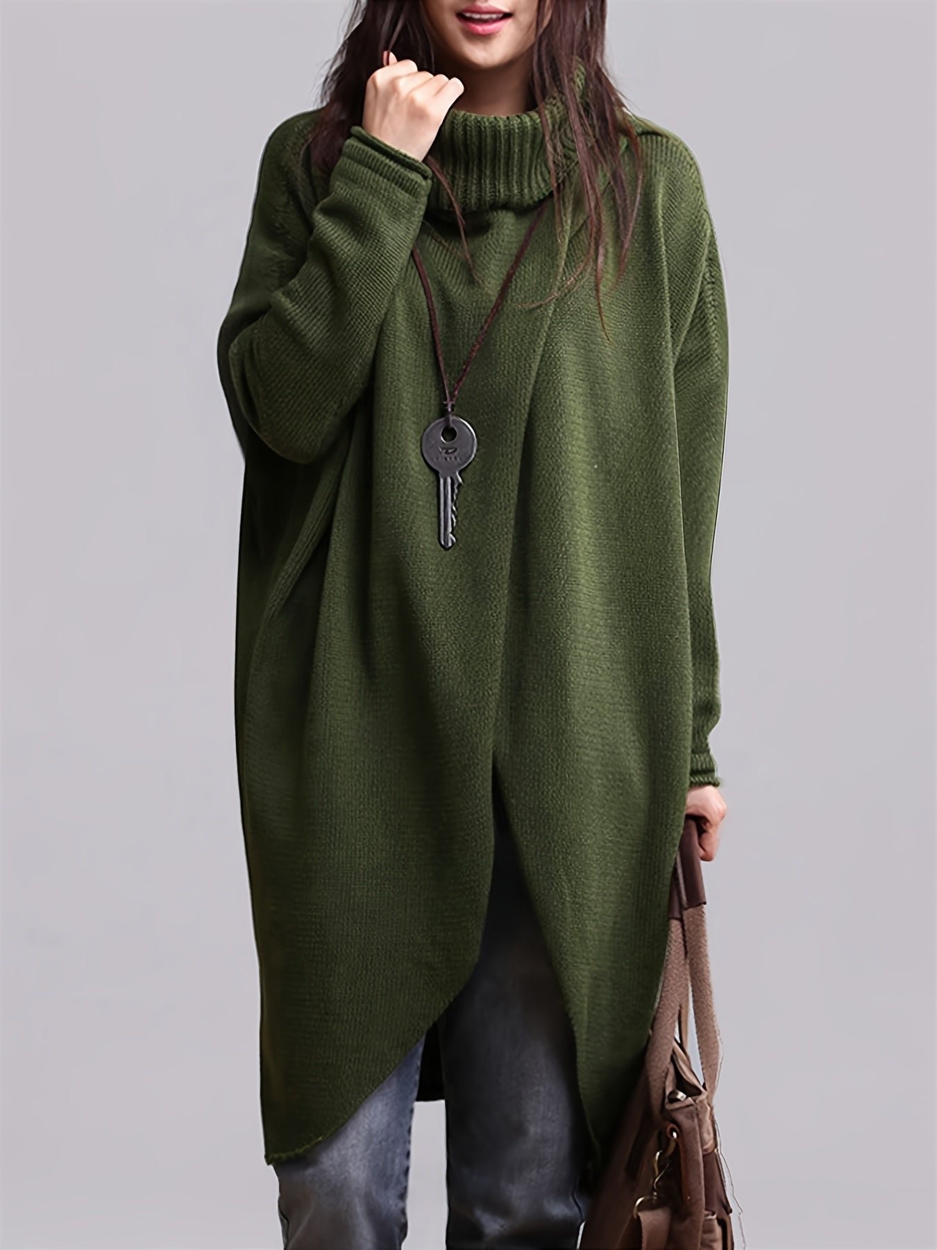 ef725c9b-401f-4042-bde7-c31b38cd19e7-1.jpg Solid Color Turtle Neck Sweater, Casual Long Sleeve Asymmetric Hem Long Length Sweater For Fall & Winter, Women's Clothing