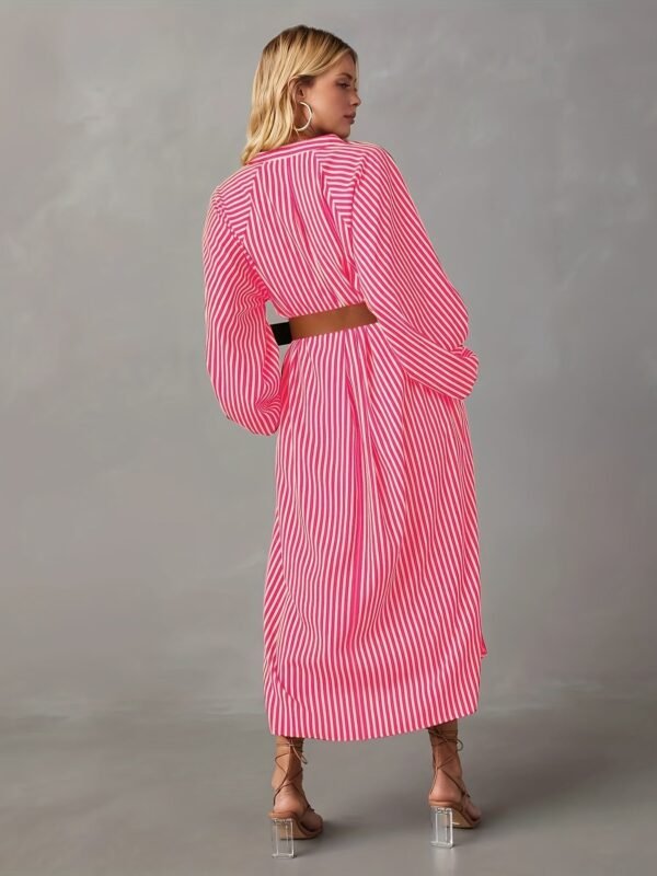 Striped Print Lantern Sleeve Dress, Stylish Notch Neck Dress For Spring & Fall, Women's Clothing