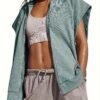 Solid Color Zipper Kangaroo Pockets Jacket, Versatile Cap Sleeve Loose Outwear For Spring & Summer, Women's Clothing