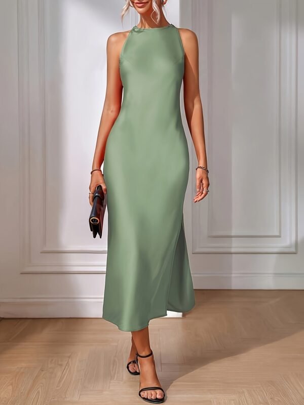 Crew Neck Side Split Dress, Elegant Solid Back Keyhole Sleeveless Tank Dress, Women's Clothing