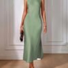 Crew Neck Side Split Dress, Elegant Solid Back Keyhole Sleeveless Tank Dress, Women's Clothing